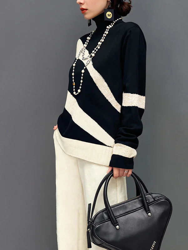 Long Sleeves Loose Contrast Color High Neck Sweater Tops - Image 2