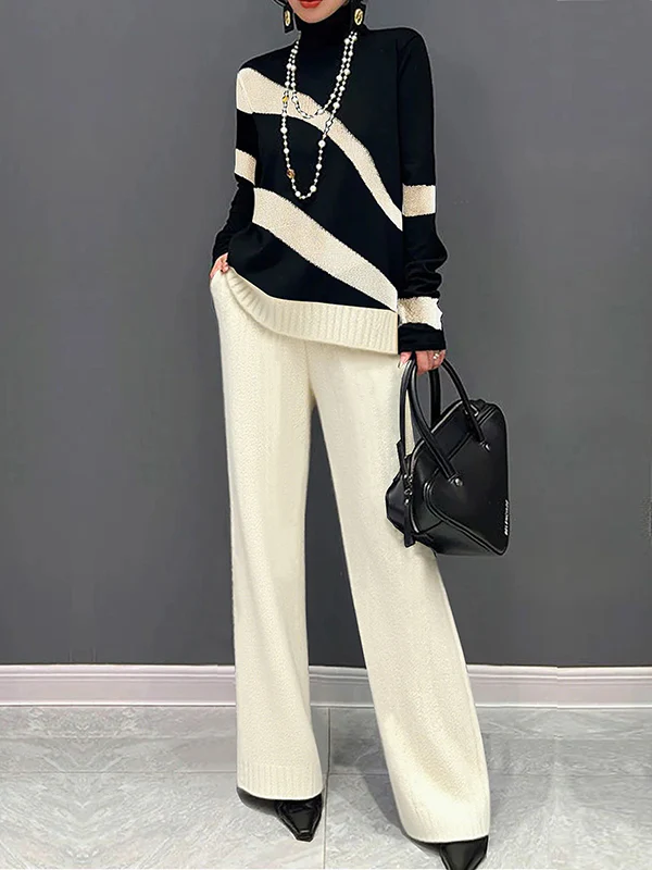 Long Sleeves Loose Contrast Color High Neck Sweater Tops - Image 3