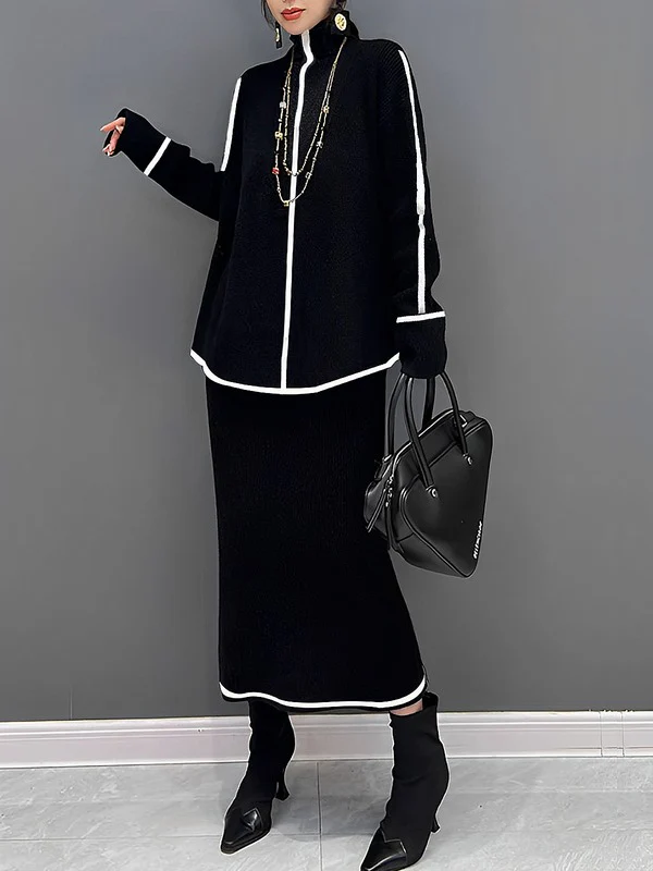 Long Sleeves Loose Contrast Color High Neck Sweater Tops - Image 2