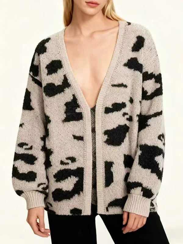Long Sleeves Loose Contrast Color Leopard Print Cardigan Tops