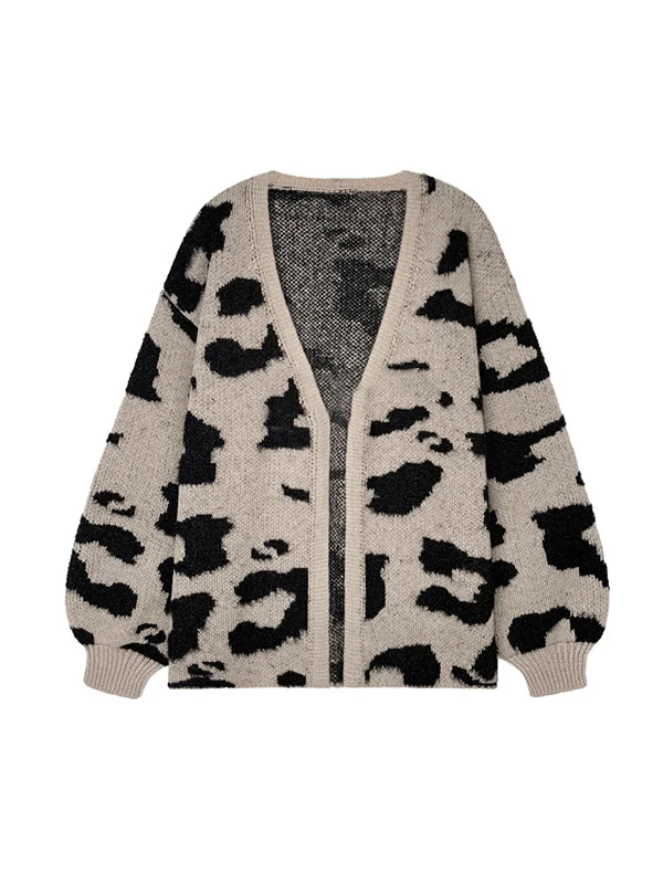 Long Sleeves Loose Contrast Color Leopard Print Cardigan Tops - Image 2