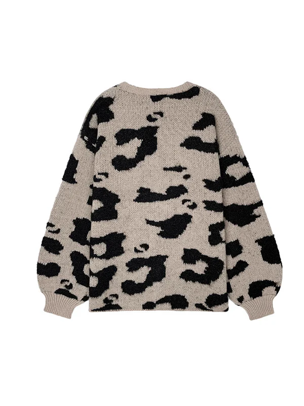 Long Sleeves Loose Contrast Color Leopard Print Cardigan Tops - Image 3
