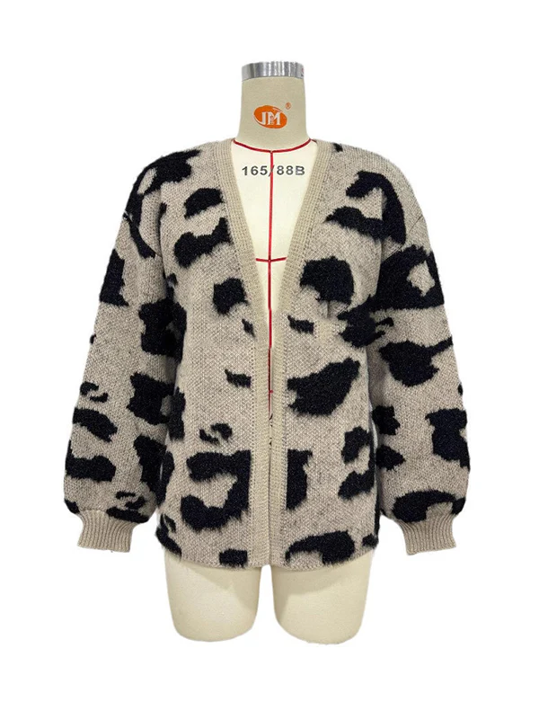 Long Sleeves Loose Contrast Color Leopard Print Cardigan Tops - Image 4