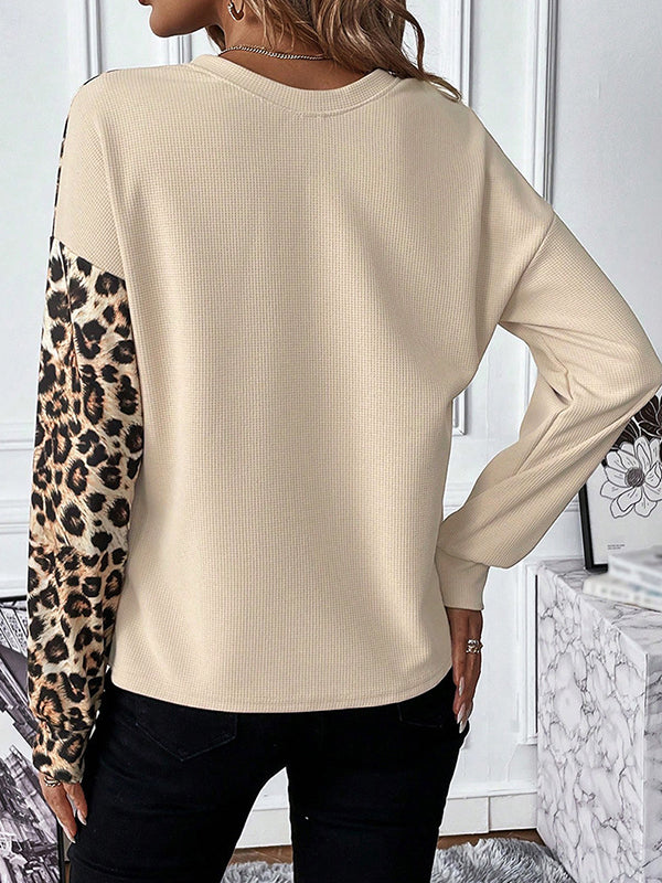 Long Sleeves Loose Contrast Color Leopard Split-Joint Round-Neck T-Shirts Tops - Image 4