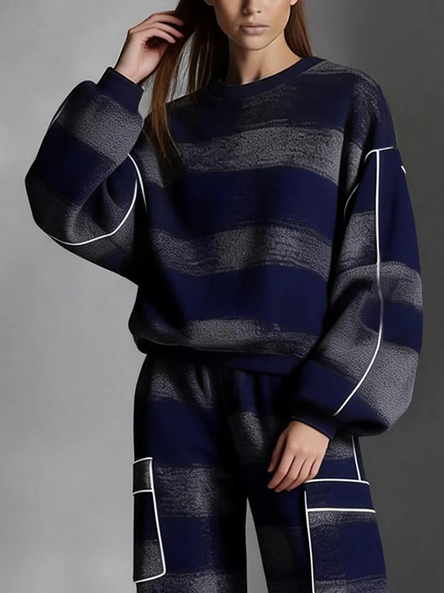 Long Sleeves Loose Contrast Color Line Split-Joint Striped Round-Neck Sweatershirt - Image 2