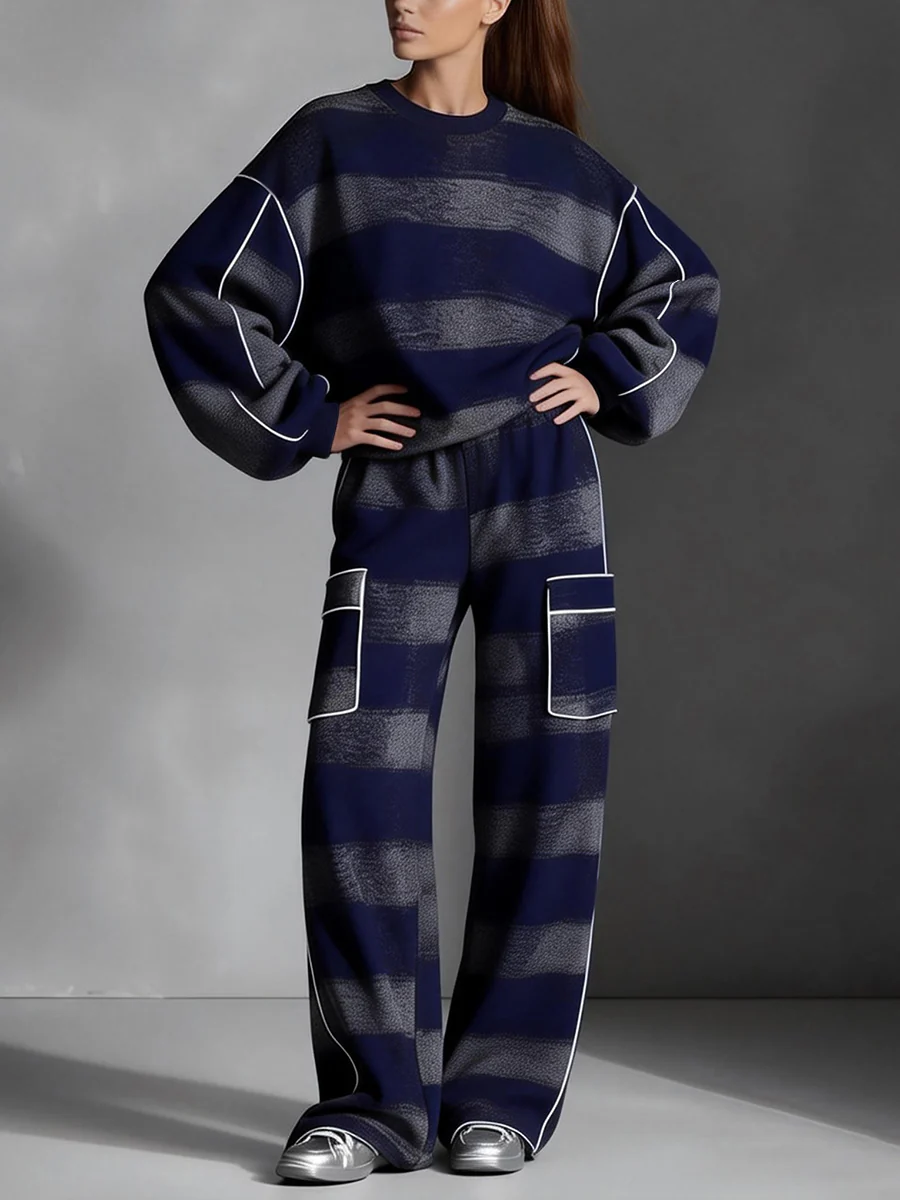 Long Sleeves Loose Contrast Color Line Split-Joint Striped Round-Neck Sweatershirt - Image 5