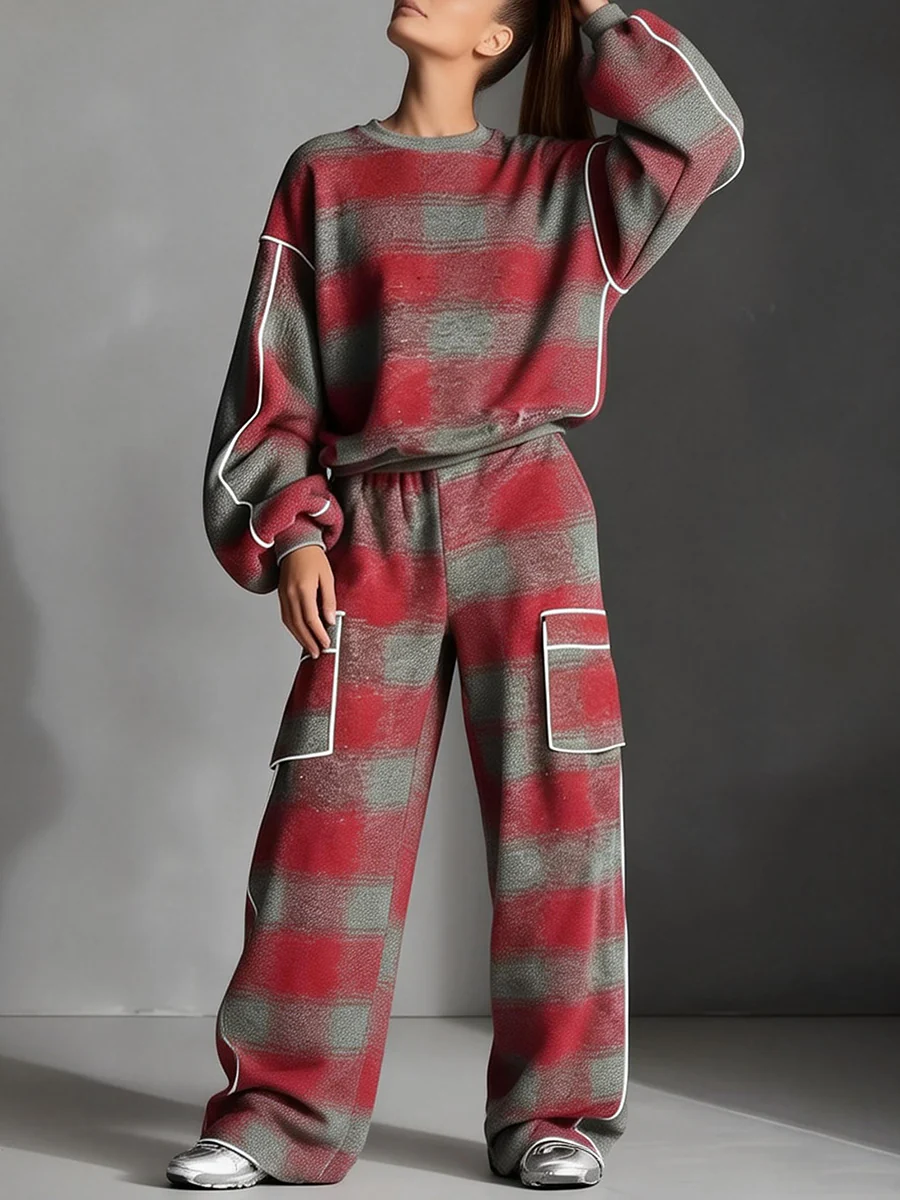 Long Sleeves Loose Contrast Color Line Split-Joint Striped Round-Neck Sweatershirt - Image 8