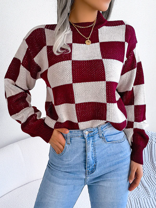 Long Sleeves Loose Contrast Color Plaid Round-Neck Sweater Tops - Image 10