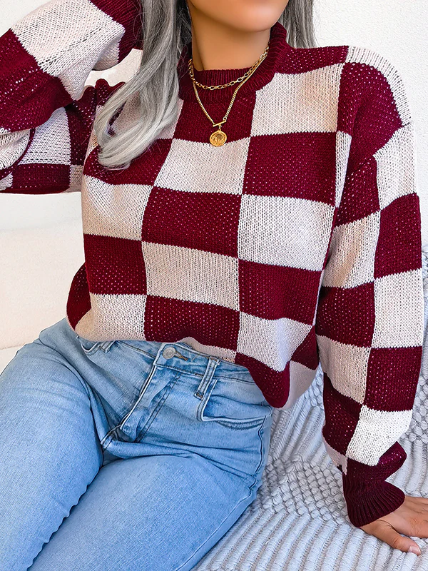 Long Sleeves Loose Contrast Color Plaid Round-Neck Sweater Tops - Image 11