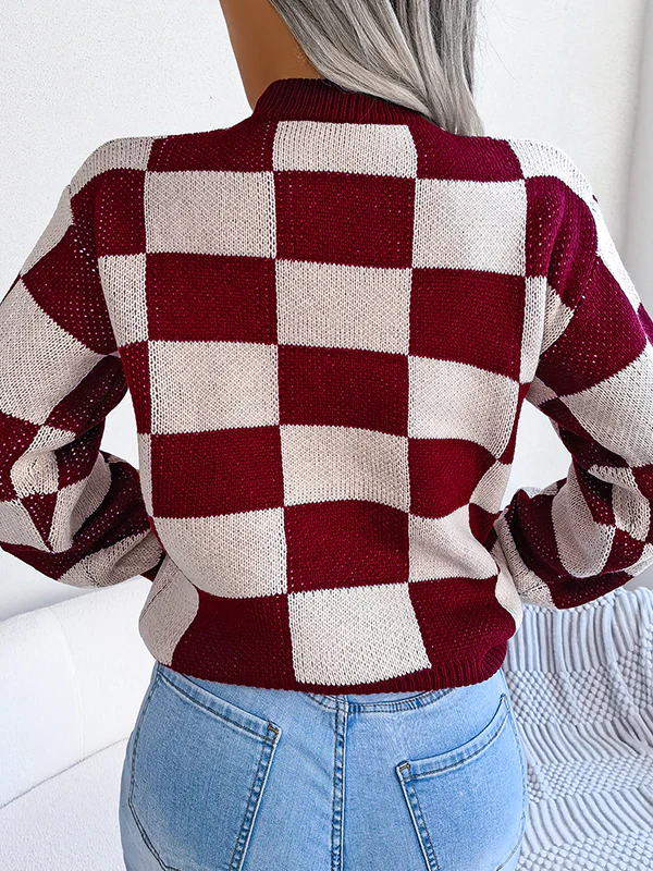 Long Sleeves Loose Contrast Color Plaid Round-Neck Sweater Tops - Image 12