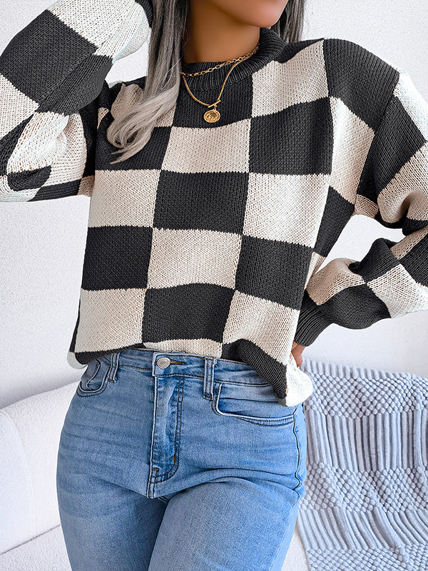 Long Sleeves Loose Contrast Color Plaid Round-Neck Sweater Tops - Image 13