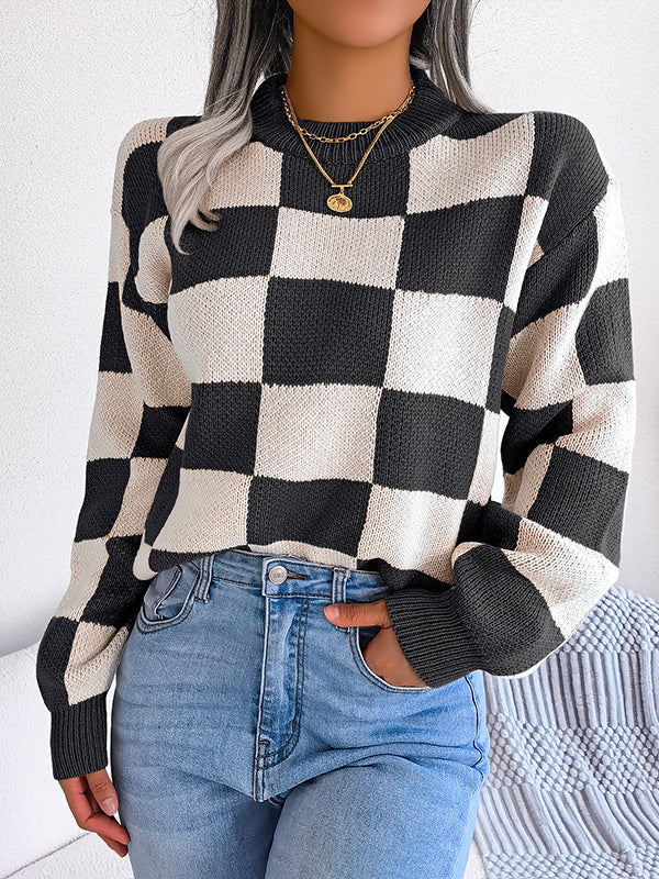 Long Sleeves Loose Contrast Color Plaid Round-Neck Sweater Tops - Image 14