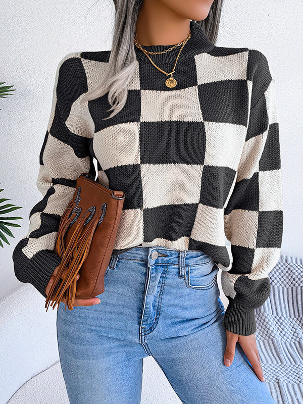 Long Sleeves Loose Contrast Color Plaid Round-Neck Sweater Tops - Image 15