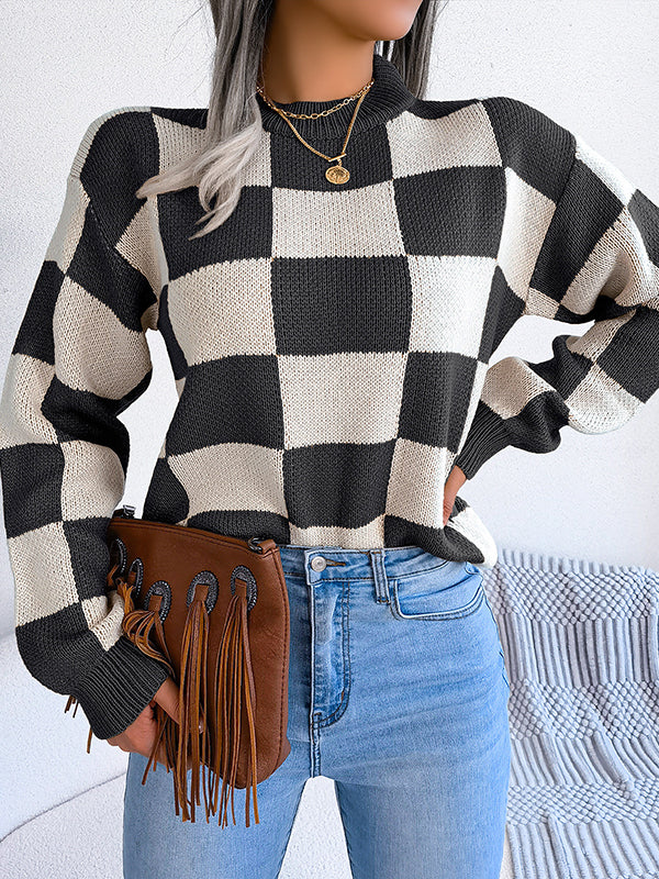 Long Sleeves Loose Contrast Color Plaid Round-Neck Sweater Tops - Image 16