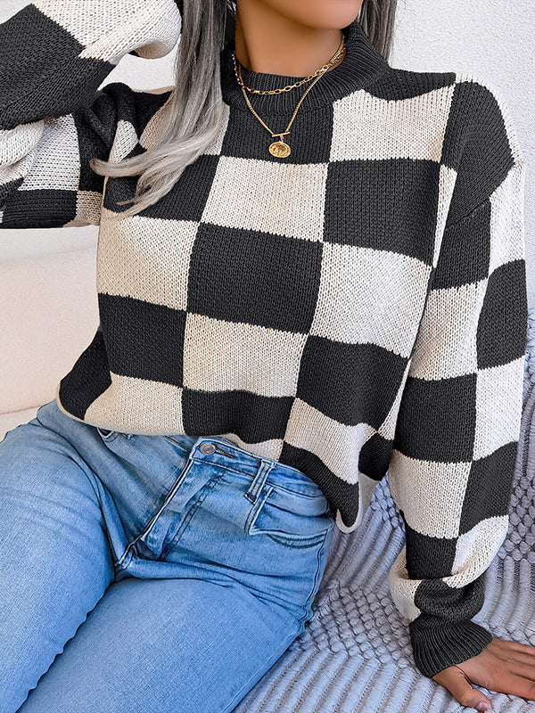 Long Sleeves Loose Contrast Color Plaid Round-Neck Sweater Tops - Image 17