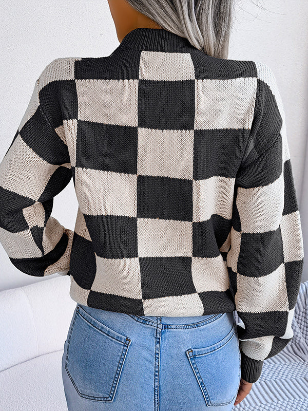 Long Sleeves Loose Contrast Color Plaid Round-Neck Sweater Tops - Image 18