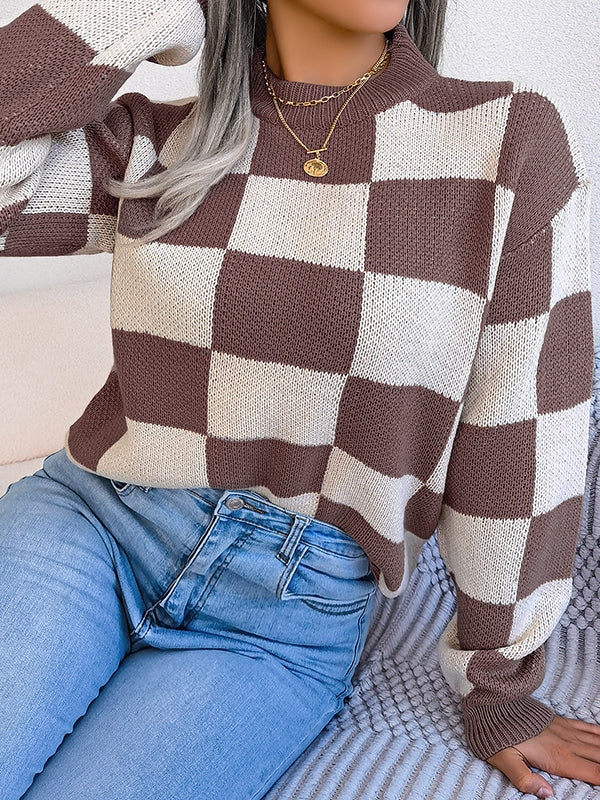 Long Sleeves Loose Contrast Color Plaid Round-Neck Sweater Tops - Image 19