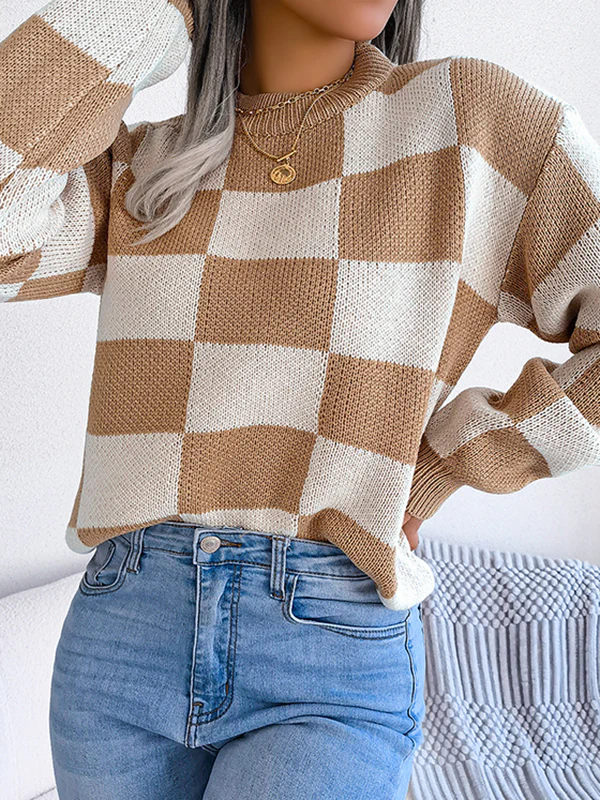 Long Sleeves Loose Contrast Color Plaid Round-Neck Sweater Tops - Image 2
