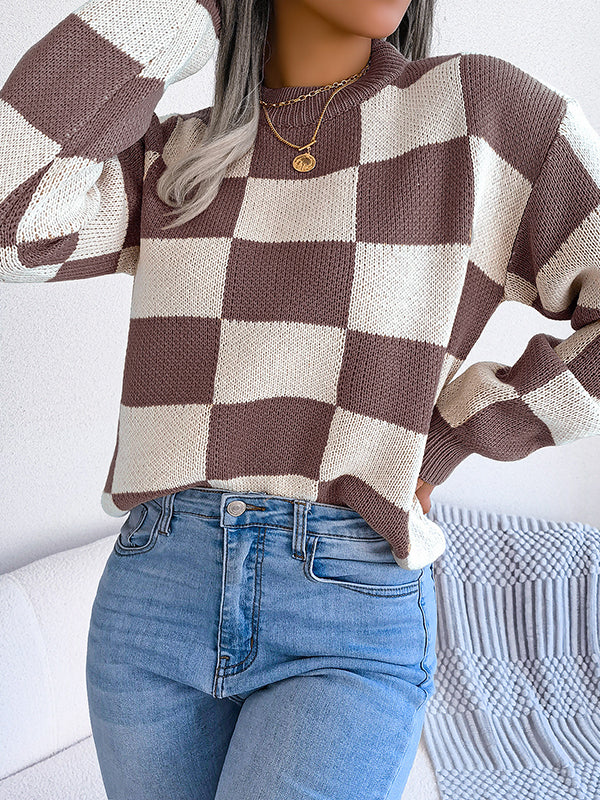 Long Sleeves Loose Contrast Color Plaid Round-Neck Sweater Tops - Image 20