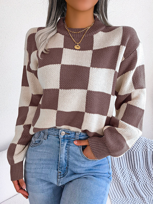 Long Sleeves Loose Contrast Color Plaid Round-Neck Sweater Tops - Image 21
