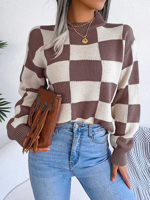 Long Sleeves Loose Contrast Color Plaid Round-Neck Sweater Tops - Image 22