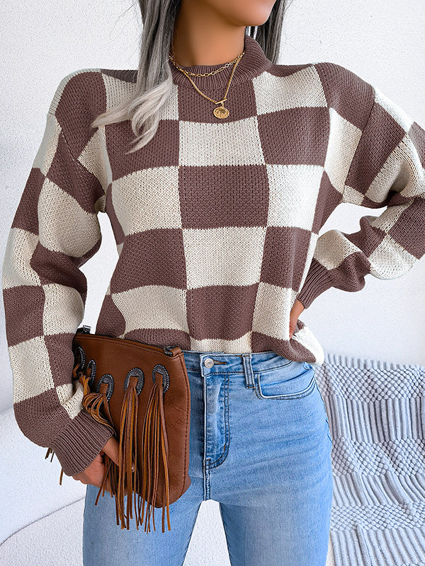 Long Sleeves Loose Contrast Color Plaid Round-Neck Sweater Tops - Image 23