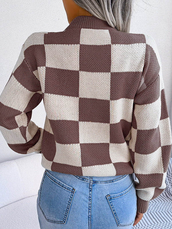 Long Sleeves Loose Contrast Color Plaid Round-Neck Sweater Tops - Image 24