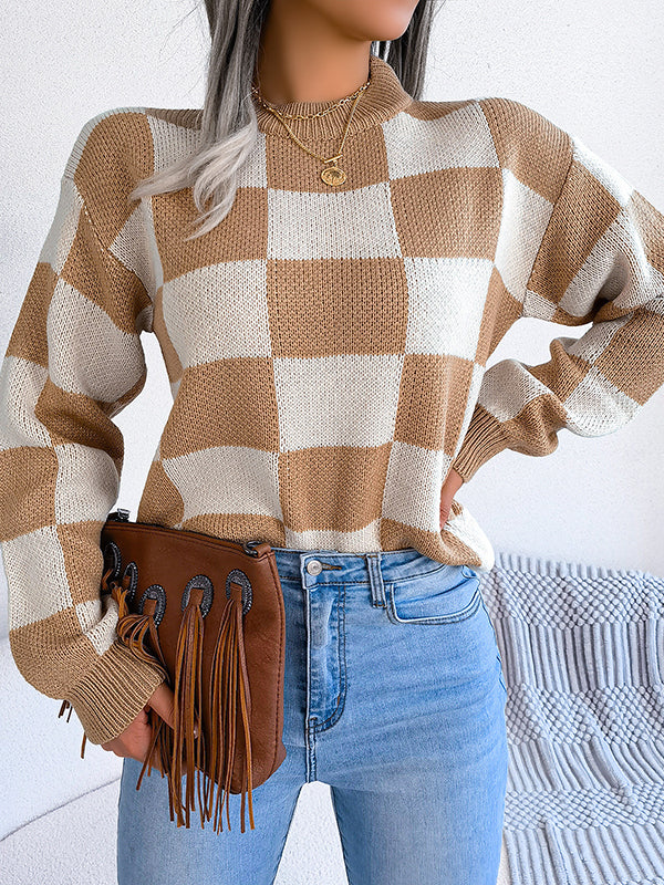 Long Sleeves Loose Contrast Color Plaid Round-Neck Sweater Tops - Image 3