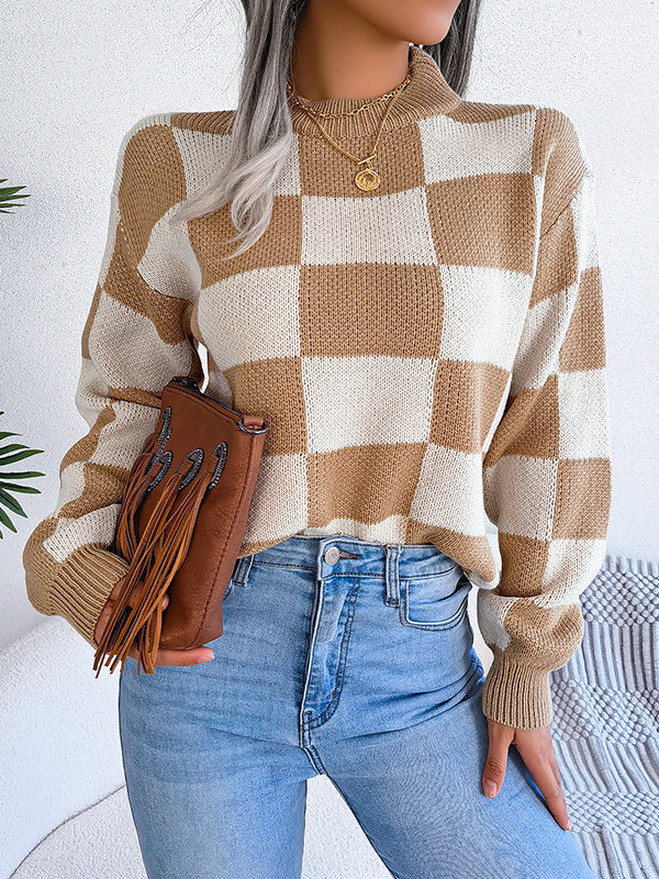 Long Sleeves Loose Contrast Color Plaid Round-Neck Sweater Tops - Image 4