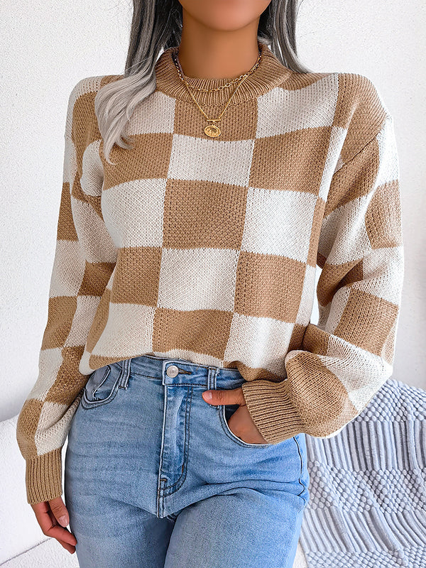 Long Sleeves Loose Contrast Color Plaid Round-Neck Sweater Tops - Image 5