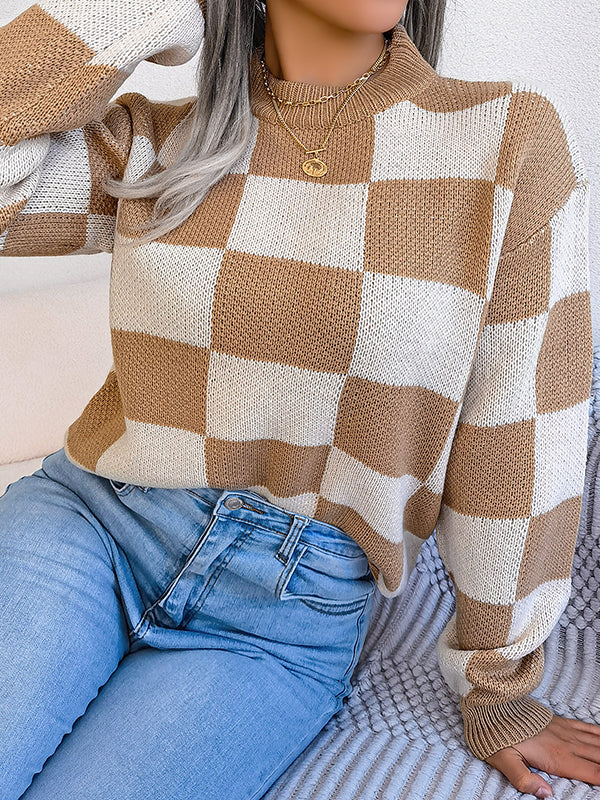 Long Sleeves Loose Contrast Color Plaid Round-Neck Sweater Tops - Image 6