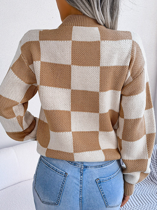 Long Sleeves Loose Contrast Color Plaid Round-Neck Sweater Tops - Image 7