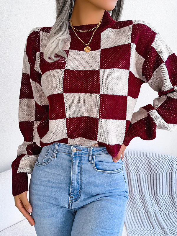 Long Sleeves Loose Contrast Color Plaid Round-Neck Sweater Tops - Image 8