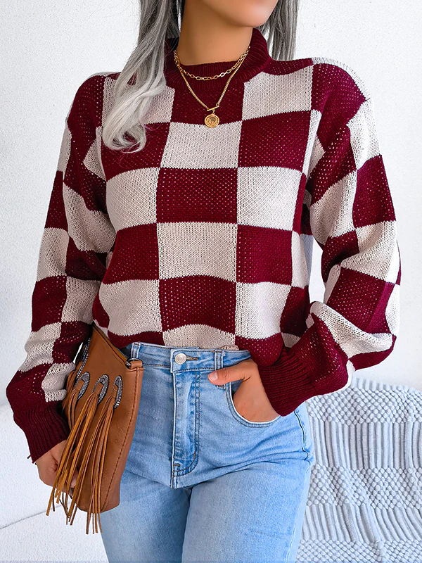 Long Sleeves Loose Contrast Color Plaid Round-Neck Sweater Tops - Image 9