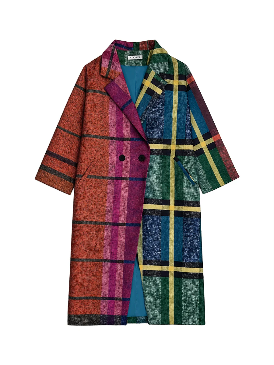 Loose Three-Quarter Sleeves Contrast Color Plaid Split-Joint Lapel Outerwear Windbreakers Woolen Coat - Image 11