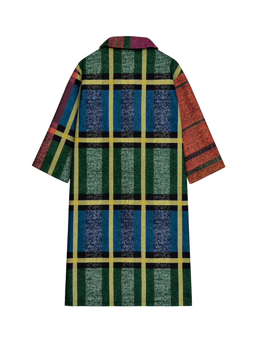 Loose Three-Quarter Sleeves Contrast Color Plaid Split-Joint Lapel Outerwear Windbreakers Woolen Coat - Image 12