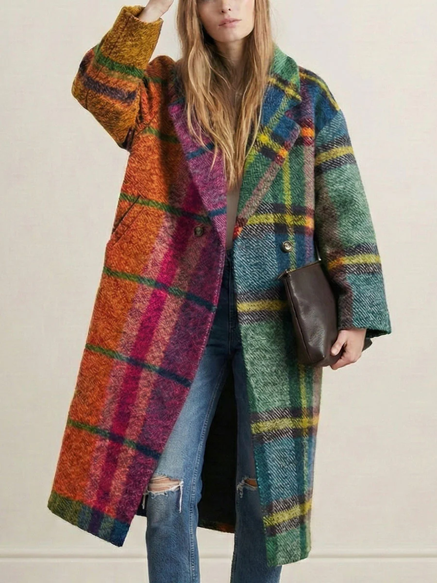Loose Three-Quarter Sleeves Contrast Color Plaid Split-Joint Lapel Outerwear Windbreakers Woolen Coat - Image 2