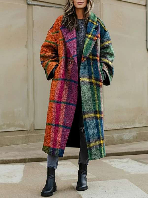 Loose Three-Quarter Sleeves Contrast Color Plaid Split-Joint Lapel Outerwear Windbreakers Woolen Coat - Image 3