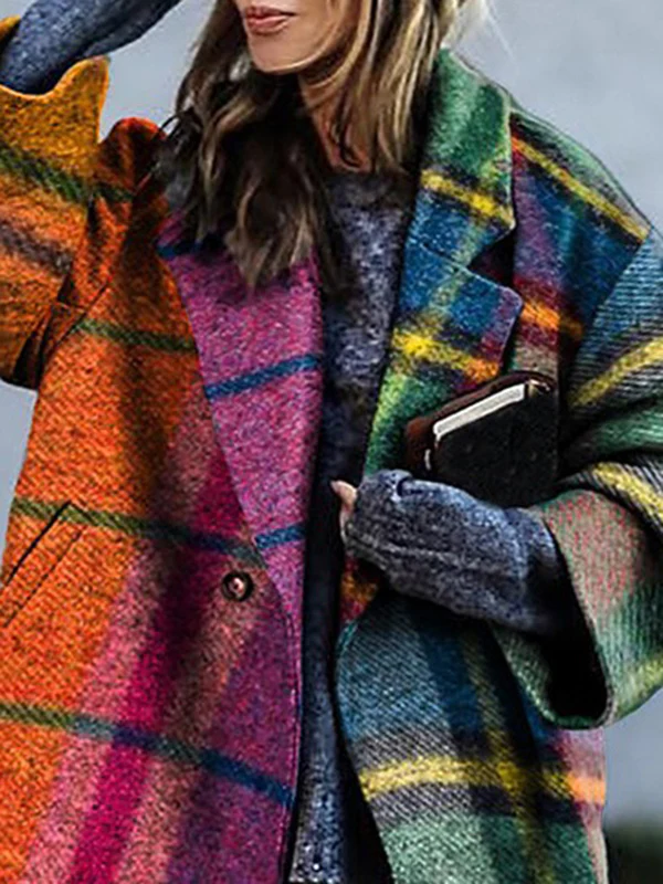 Loose Three-Quarter Sleeves Contrast Color Plaid Split-Joint Lapel Outerwear Windbreakers Woolen Coat - Image 4