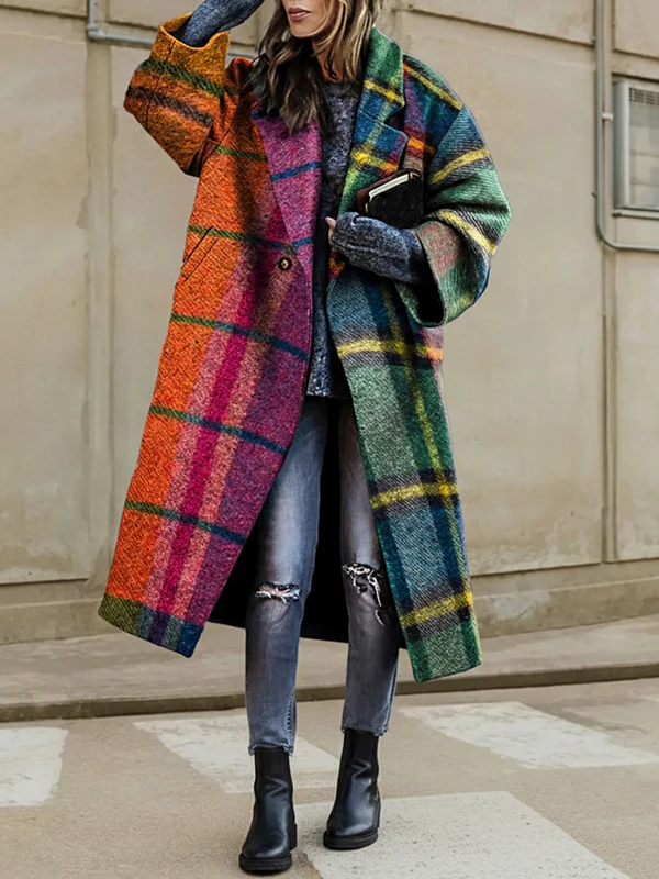 Loose Three-Quarter Sleeves Contrast Color Plaid Split-Joint Lapel Outerwear Windbreakers Woolen Coat - Image 5