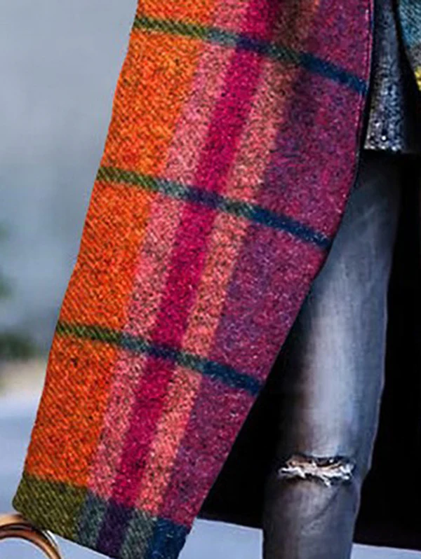 Loose Three-Quarter Sleeves Contrast Color Plaid Split-Joint Lapel Outerwear Windbreakers Woolen Coat - Image 6