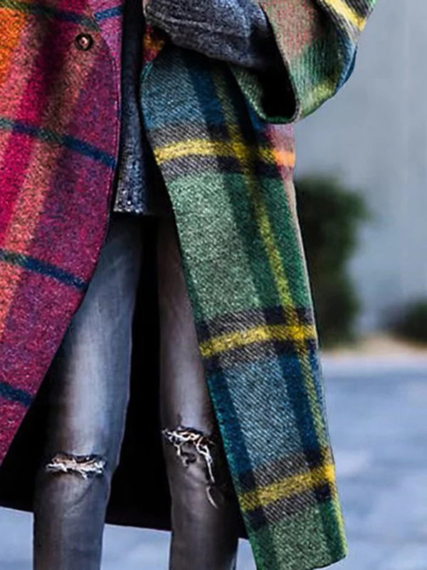 Loose Three-Quarter Sleeves Contrast Color Plaid Split-Joint Lapel Outerwear Windbreakers Woolen Coat - Image 7