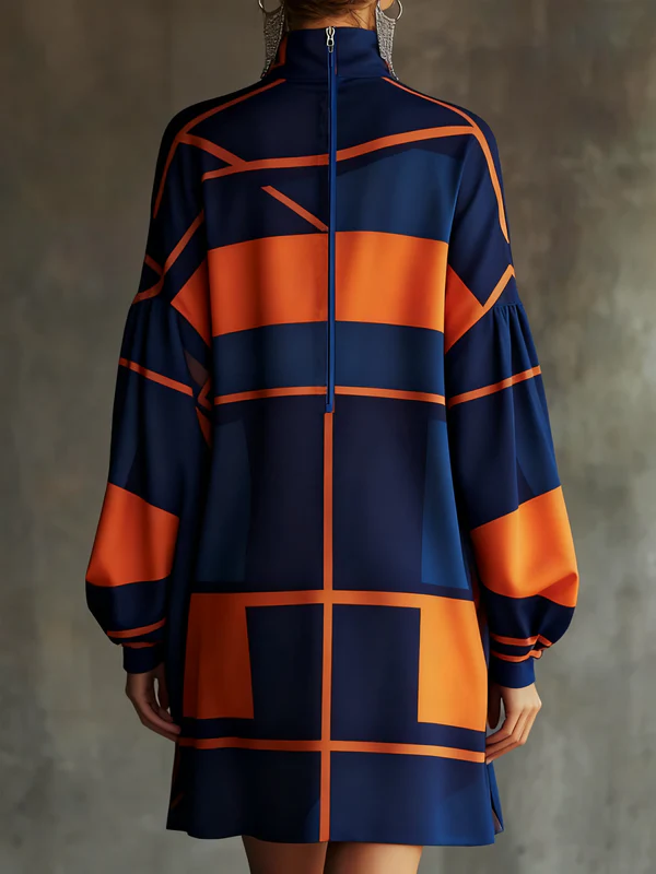 Long Sleeves Loose Contrast Color Pleated Pockets Split-Joint Zipper High Neck Mini Dresses - Image 2