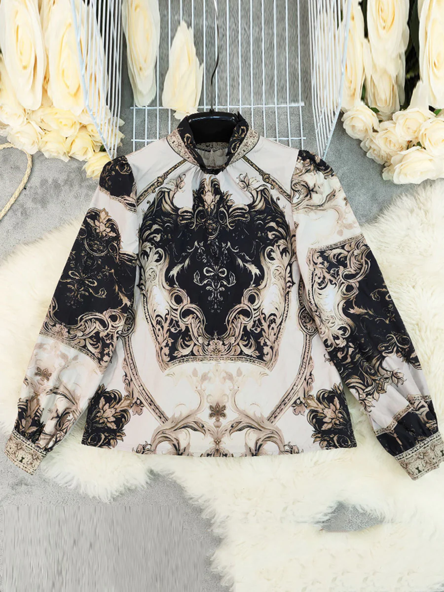 Long Sleeves Loose Contrast Color Pleated Printed Split-Joint Stand Collar Blouses&Shirts Tops - Image 2
