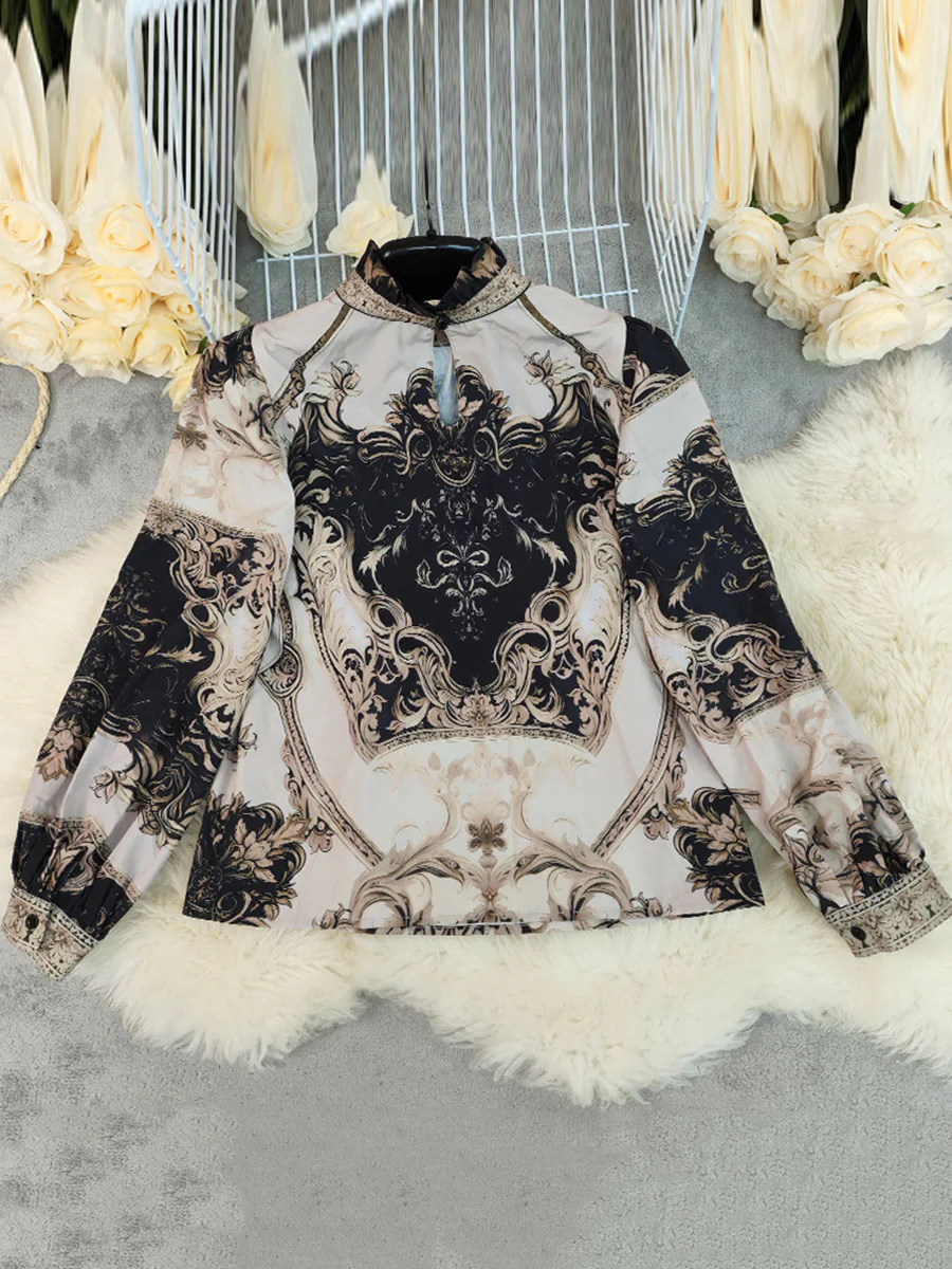 Long Sleeves Loose Contrast Color Pleated Printed Split-Joint Stand Collar Blouses&Shirts Tops - Image 3
