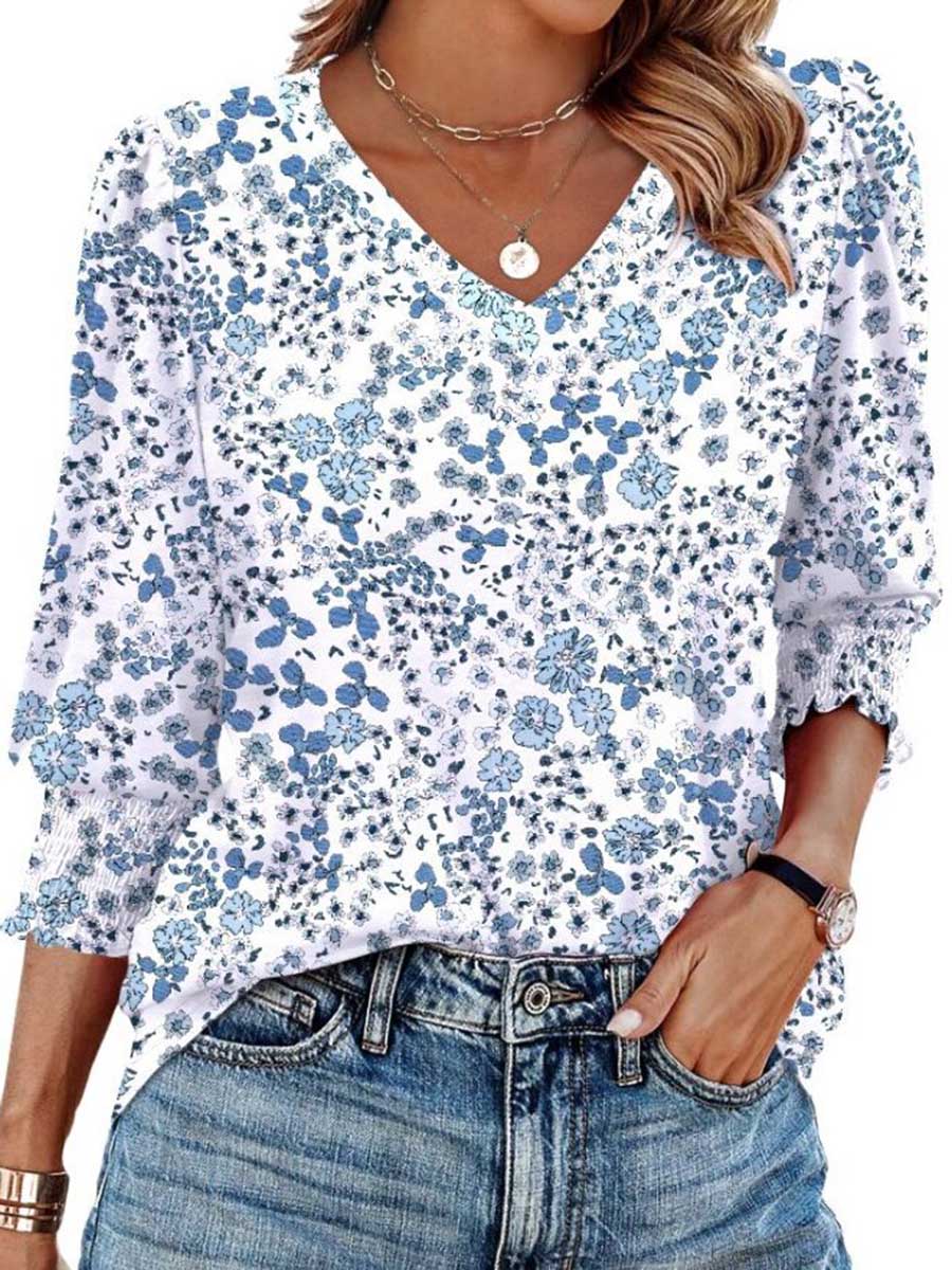 Long Sleeves Loose Contrast Color Pleated Printed Split-Joint V-Neck T-Shirts Tops - Image 10