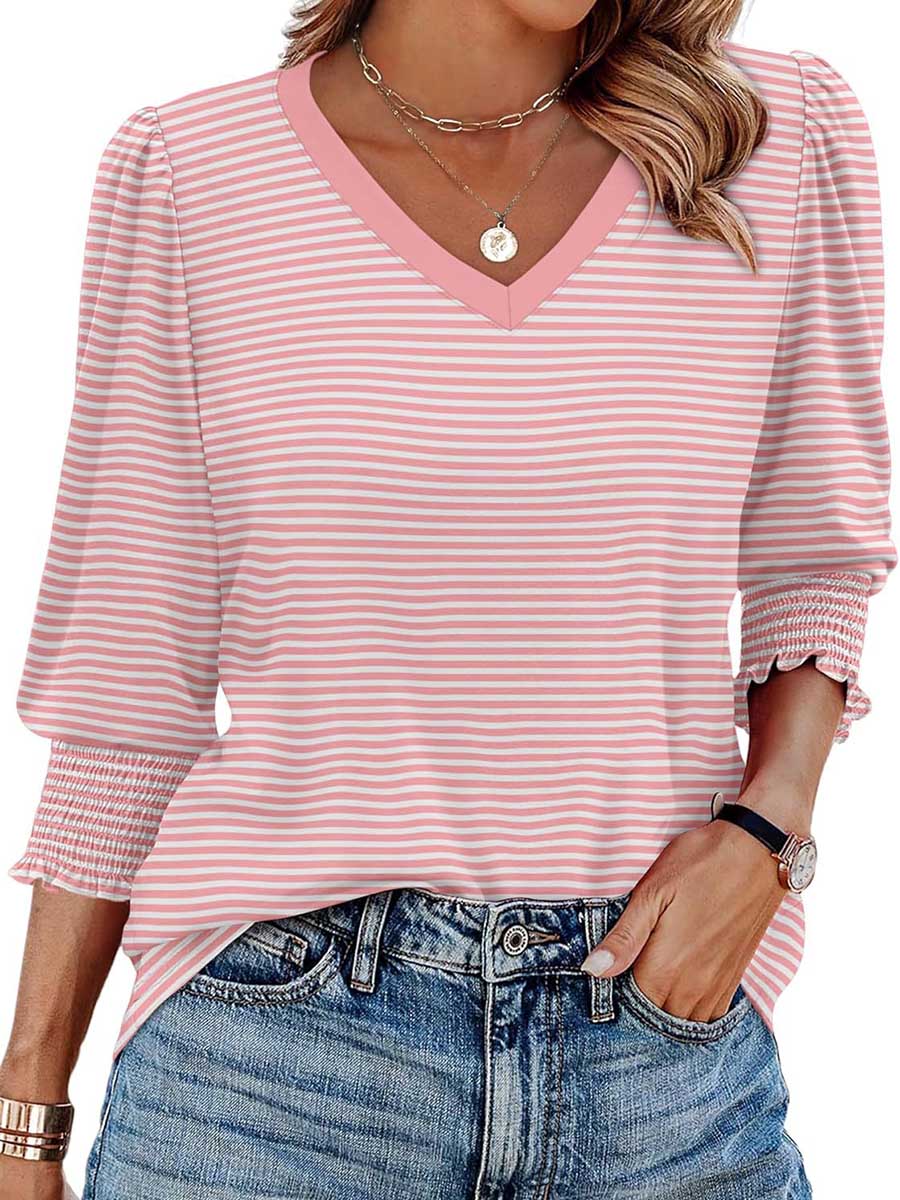 Long Sleeves Loose Contrast Color Pleated Printed Split-Joint V-Neck T-Shirts Tops - Image 11