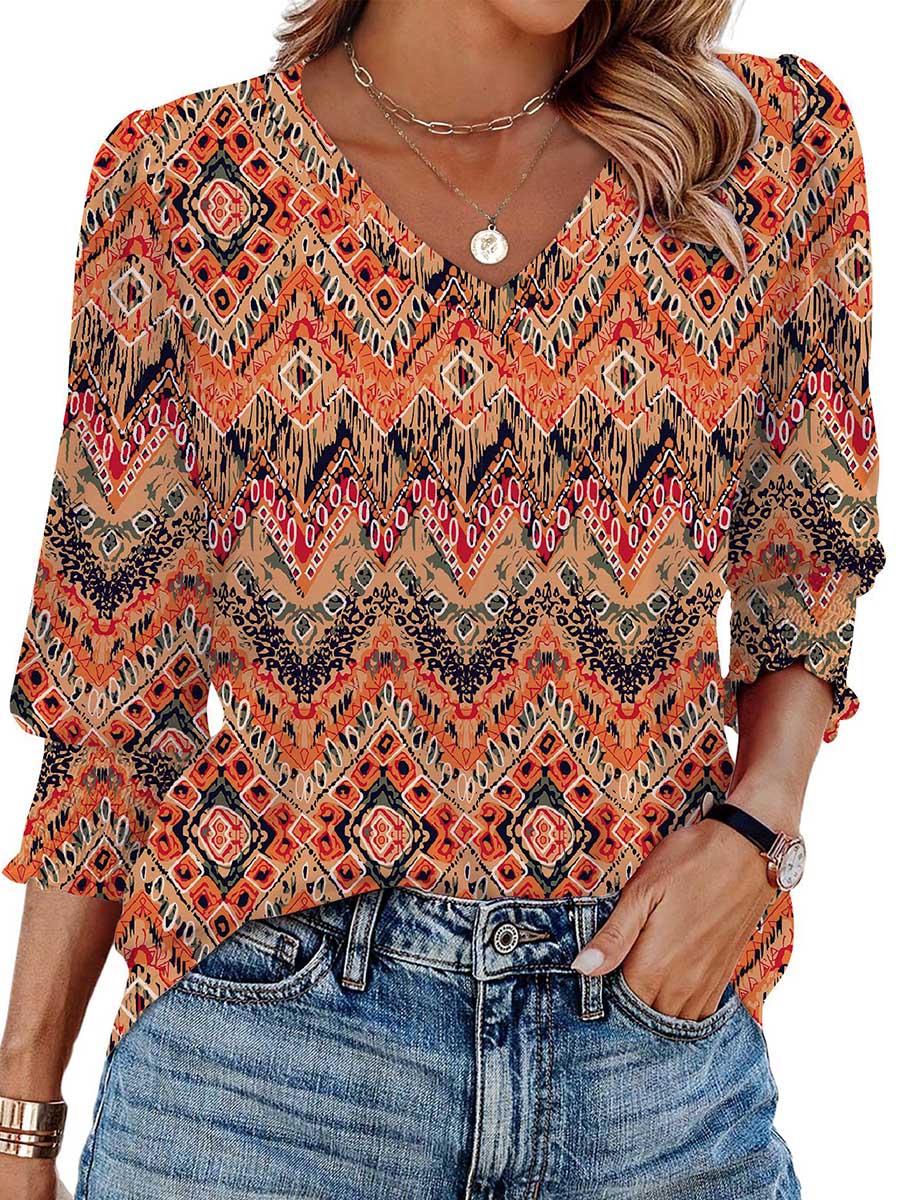Long Sleeves Loose Contrast Color Pleated Printed Split-Joint V-Neck T-Shirts Tops - Image 12