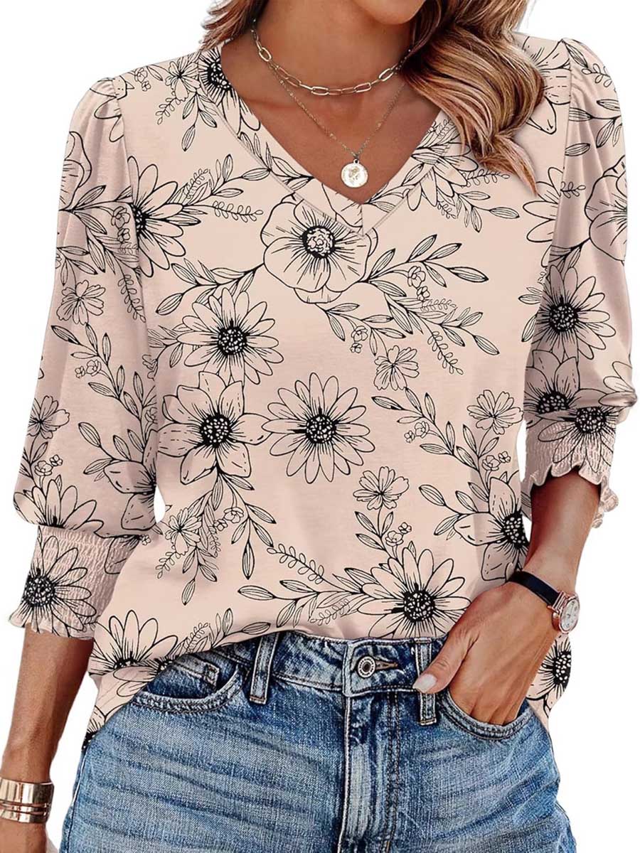 Long Sleeves Loose Contrast Color Pleated Printed Split-Joint V-Neck T-Shirts Tops - Image 2