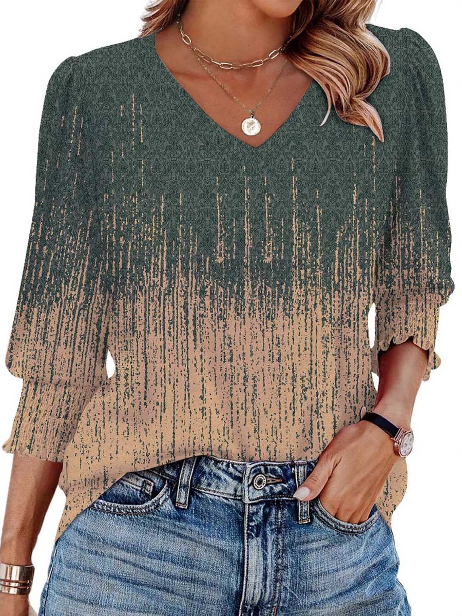Long Sleeves Loose Contrast Color Pleated Printed Split-Joint V-Neck T-Shirts Tops - Image 3